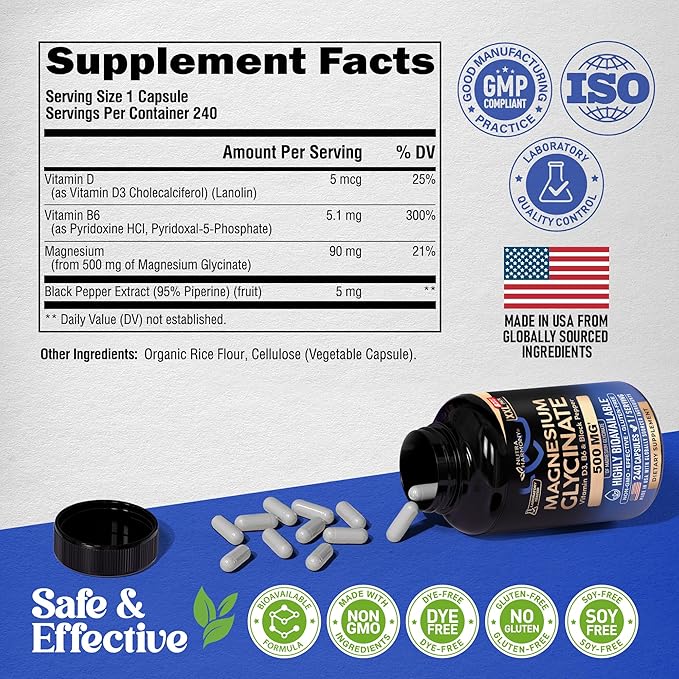 Magnesium Glycinate 500 mg - Chelated Supplement - High Absorption Form of Magnesium - Support for Sleep Muscle &amp Heart Health - Made in USA Lab Tested &amp Non-GMO - 240 Capsules