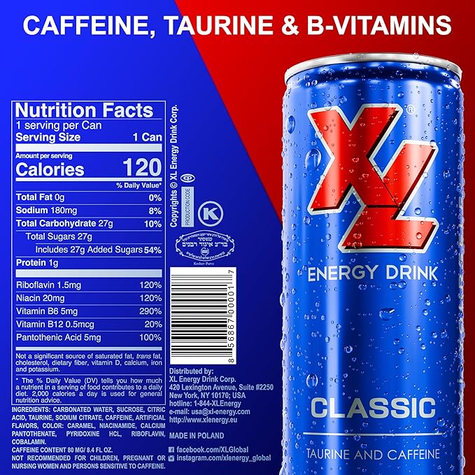 XL Energy Drink 24 Pack Classic Flavor - 80mg Caffeine &amp1000mg Taurine Energy Drinks with B Vitamins – Refreshing Energy Beverage for Energy Boost Focus Performance &amp Endurance – 24 Pack Ene