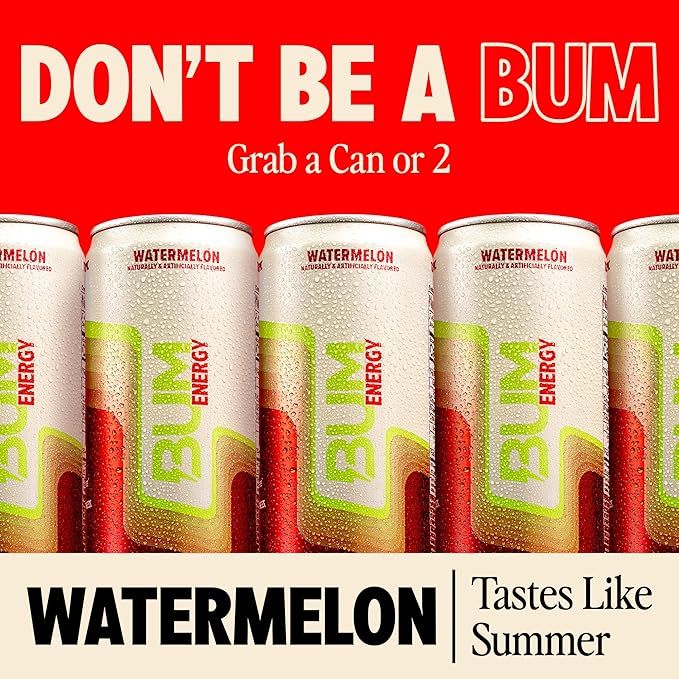 BUM Sugar-Free Energy Drink Watermelon - Lightly Carbonated &amp No Artificial Colors Natural Caffeine &amp Citicoline for Energy &amp Focus Brain Boost &amp Workout Sports Beverage - 12 oz Pa