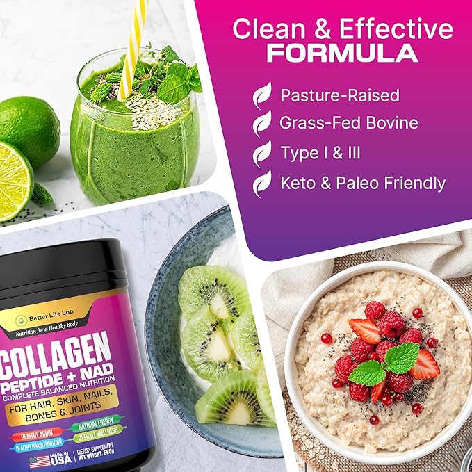 Hydrolyzed Collagen Peptides with NAD – Supports Hair Skin Nails Joints &amp Bones – Type I &amp III Collagen – Grass-Fed Unflavored Powder