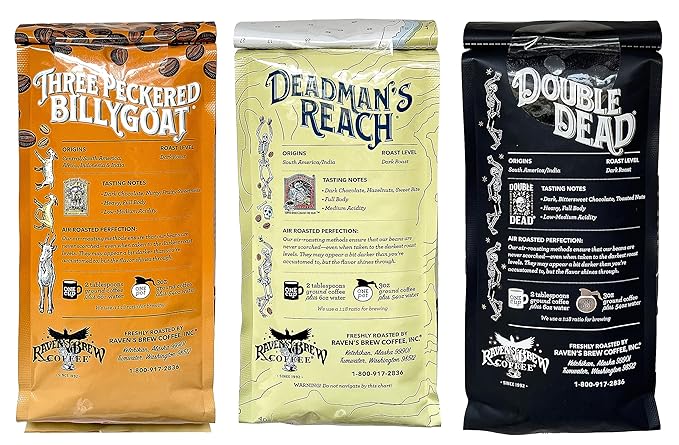 Raven's Brew Ground Coffee Variety Pack - 3 Delicious Flavors - Three Peckered Billy Goat Deadman's Reach and Double Dead - 12oz each
