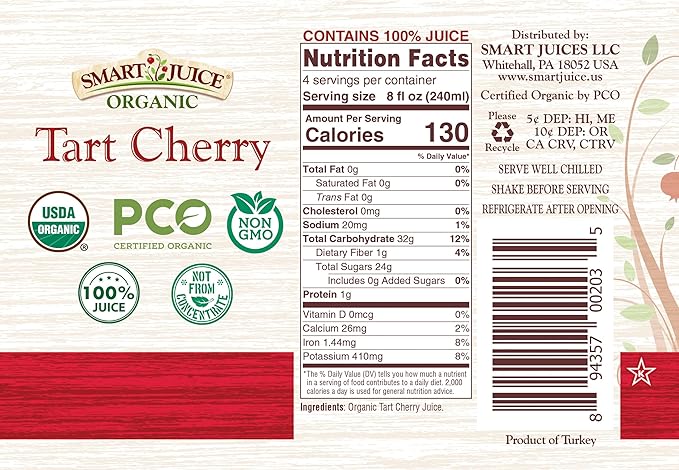 Smart Juice Organic Tart Cherry Juice - 33.8 fl oz (1L) - (Pack of 6) 100% Juice Not From Concentrate