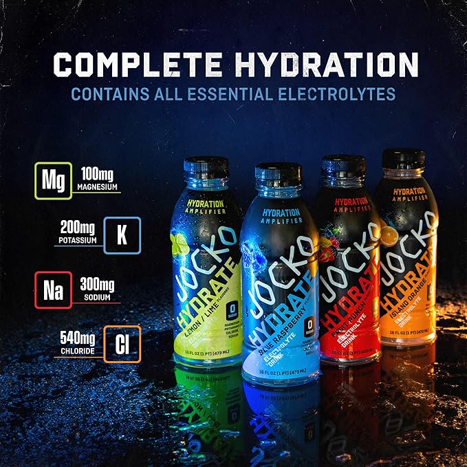 Jocko Fuel Hydrate Electrolyte Drinks - Sports Drink Hydration Amplifier Thirst Quencher - Scientifically Formulated Electrolyte Blend Blue Raspberry 16 Oz (12 Pack)