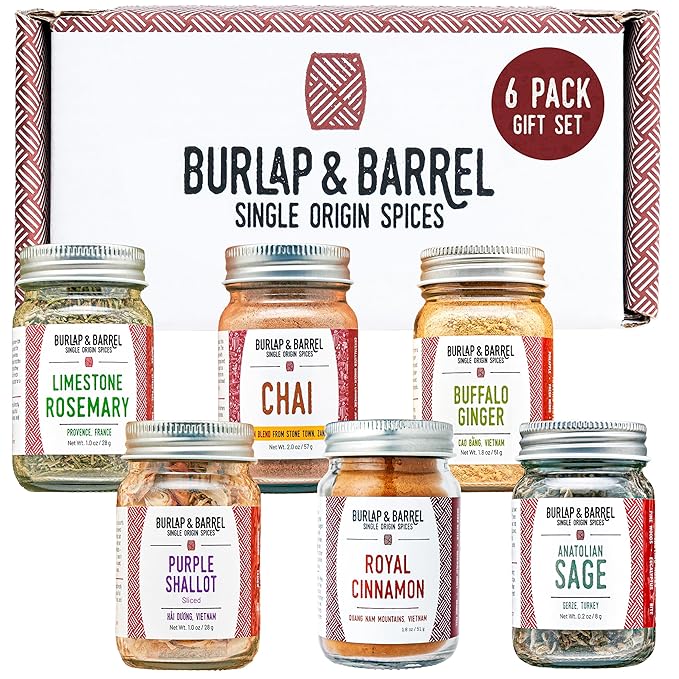 Burlap &amp Barrel Cooking &amp Baking 6-Pack Gift Set – As Seen on Shark Tank! Gourmet Spices for Home Chefs – Includes Cinnamon Rosemary &amp More – 6 Full-Size Jars