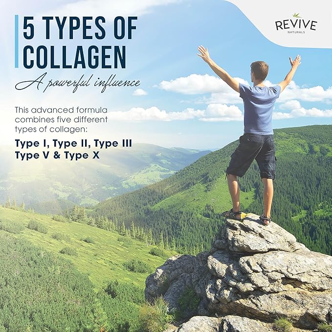Revive Naturals Multi Collagen Hydrolyzed Protein Powder (16oz) - Types I II III V &amp X - Grass Fed Bovine Wild Caught Marine Free Roaming Chicken &amp Eggshell Collagen Peptides