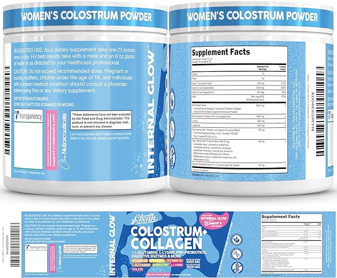 Bovine Colostrum Powder + Collagen Peptides with L-Glutamine L-Lysine Prebiotics Probiotics Digestive Enzymes Vitamin D K2 C Quercetin &amp Folate | Gut Health Supplement Internal Glow by Clean Nutra