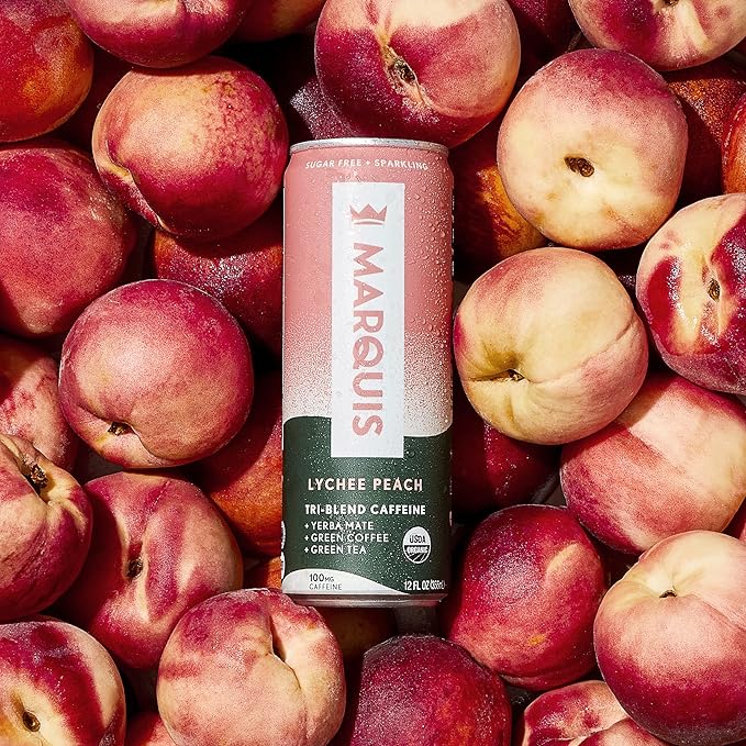 Marquis | Organic Energy Drink Alternative with Organic Plant Based Caffeine | Vegan Zero Calorie Sugar Free Sparkling Yerba Mate | Keto Energy Drinks Alternative | Citrus Yuzu x1+ Lychee Peach x1