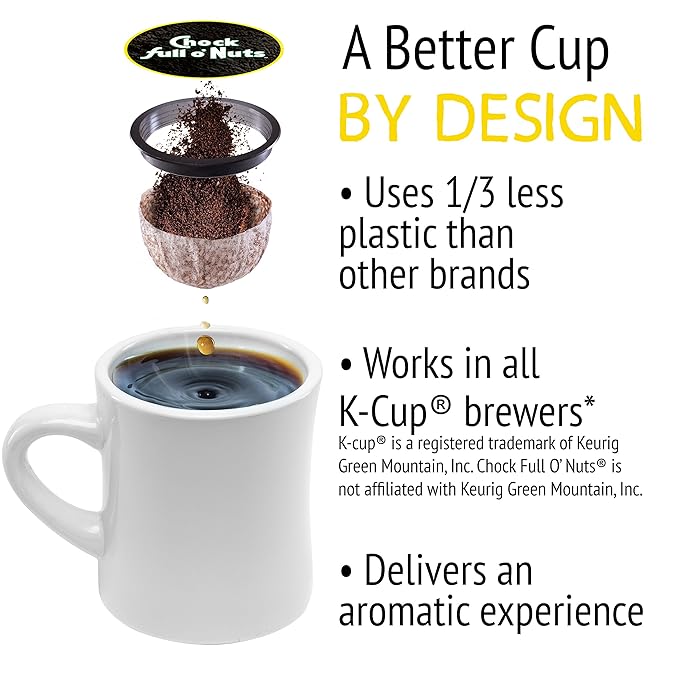 Chock Full o’Nuts Heavenly Hazelnut Roast Medium Roast K-Cups Flavored to Perfection with a Great Hazelnut Taste - Compatible with Keurig Pods K-Cup Brewers (1 Pack of 12 Single-Serve Cups)