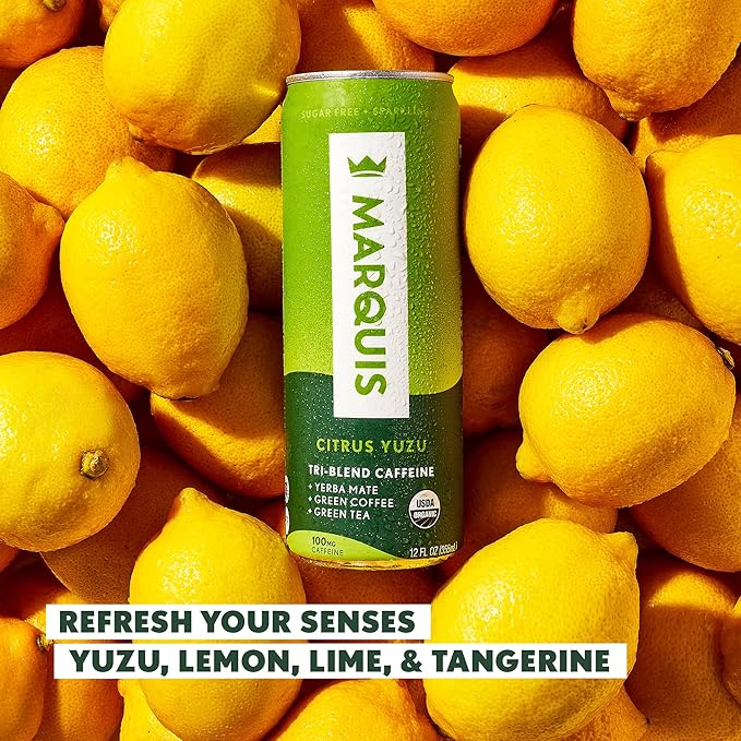 Marquis | Organic Energy Drink Alternative with Organic Plant Based Caffeine | Vegan Zero Calorie Sugar Free Sparkling Yerba Mate | Keto Energy Drinks Alternative | Citrus Yuzu x1+ Super Berry x1