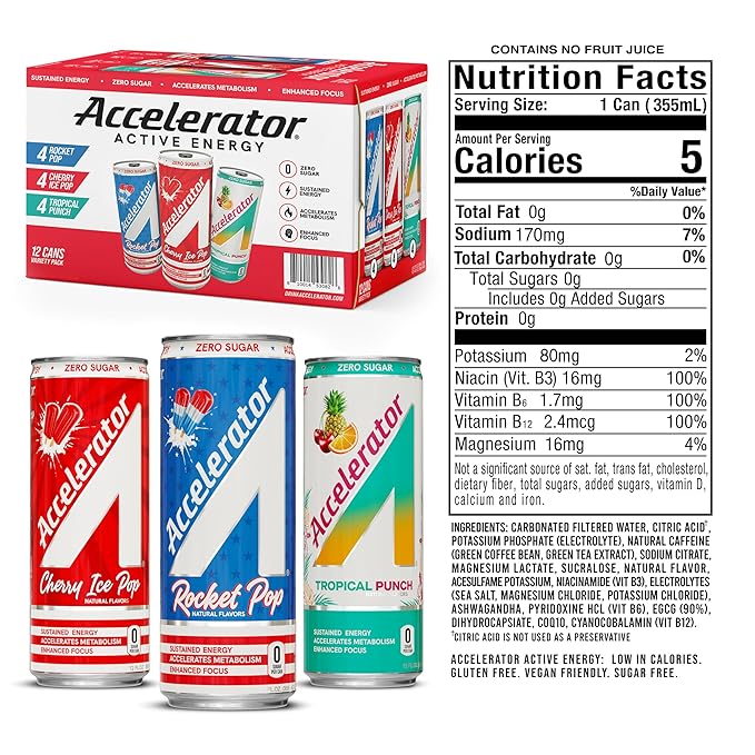 Accelerator Active Energy Drink Sugar Free Zero Carbs – Variety Pack &amp Cotton Candy 12oz Can (12 Pack Each) with 200mg Natural Caffeine Ashwagandha CoQ10 &amp Green Tea for Focus &amp Energy