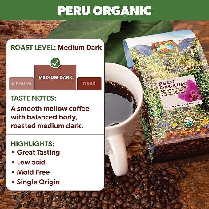 Low Acid Organic Coffee – Whole Bean Mold-Free &amp Stomach Friendly by Java Planet Peruvian Single Origin Coffee Medium Dark Roast Smooth Full Flavored Smithsonian Bird Friendly 1LB Bag