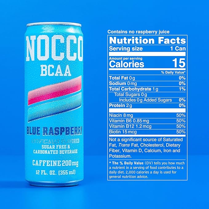 NOCCO Zero Sugar Energy Drink Blue Raspberry - 12 Fl Oz (Pack of 12) - 180mg Caffeine Sugar Free BCAAs - Branched Chain Amino Acids Carbonated &amp Low Cal B Vitamins Grab &amp Go Performance
