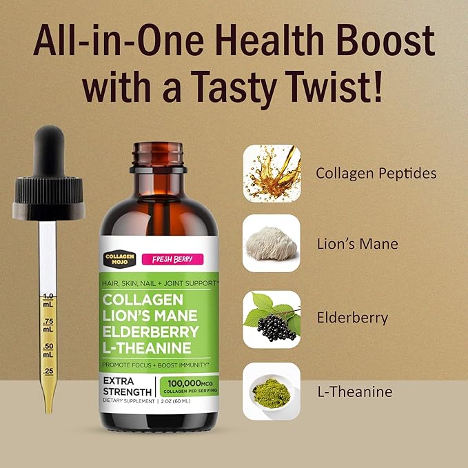 Collagen Mojo Liquid Collagen Peptides with Sea Moss Burdock Root &amp Bladderwrack + Ashwagandha Elderberry &amp L-Theanine + Lions Mane Mushroom Elderberry &amp L-Theanine
