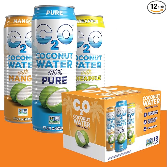 C2O Pure Coconut Water Variety Packs | Natural Electrolytes Healthy Sport Drink Alternative Non-GMO Gluten Free Plant Based No Added Sugar (Tropical 12 Pack)
