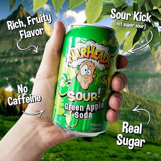 Sour Fruity Soda with Classic Warheads Flavors – Perfectly Balanced Sweet and Sour Soda - Warheads Candy Throwback Treat Soda Cocktail Mixer Pack of 12 12oz Cans (Green Apple)