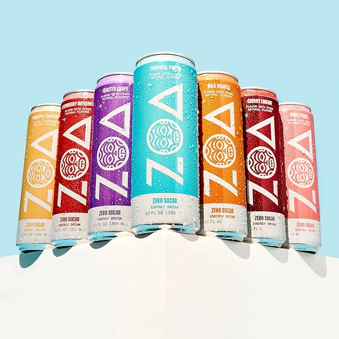 ZOA Zero Sugar Energy Drinks Tropical Punch - Sugar Free with Electrolytes Healthy Vitamin C Amino Acids Essential B-Vitamins and Caffeine from Green Tea - 16 Fl Oz (12-Pack)