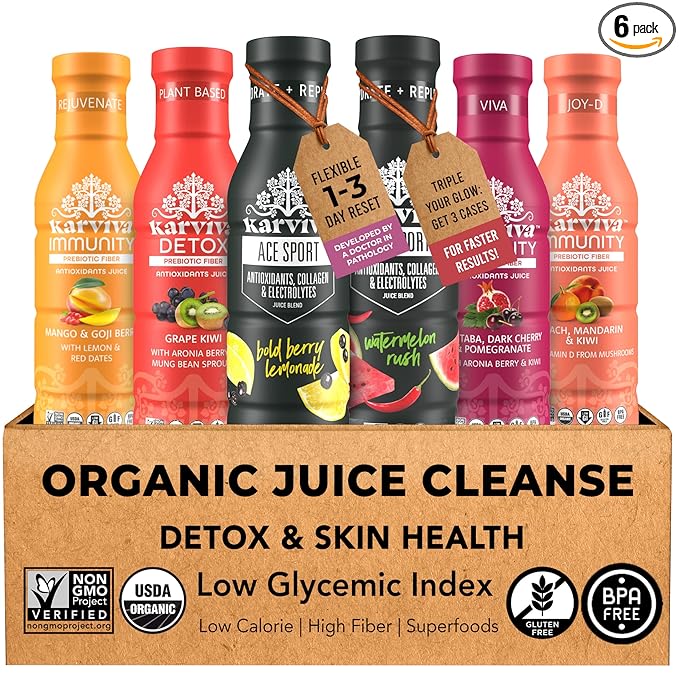 Karviva Organic Juice Cleanse for Glowing Skin Digestive Support &amp Craving Control with Sprouts Herbs &amp Marine Collagen – Low Sugar Prebiotic Fiber Antioxidants &amp Vitamins – 6 BPA-Free