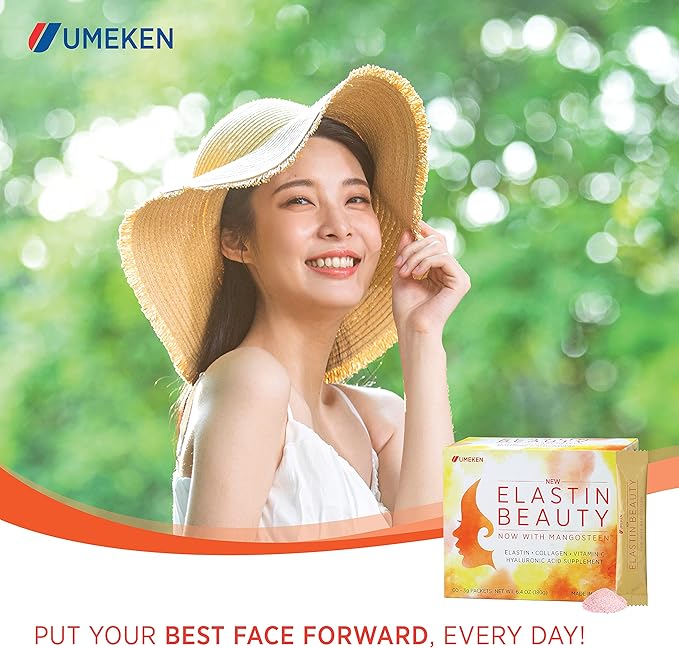 Umeken Elastin Beauty Powder Supplement with Collagen Peptides Hyaluronic Acid Vitamin C and Mangosteen Fruit Women’s Health and Wellness 1 Month Supply 60 Packets