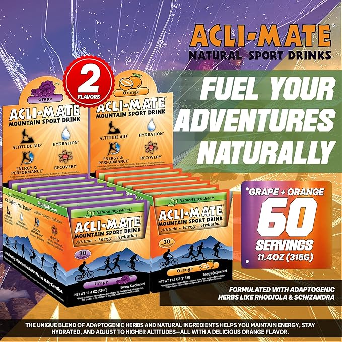 Acli-Mate Mountain Sport Drink Mix - Energy Powder Supplement - High Altitude Acclimatization Hydration - Recovery Drink for Running Cycling Hiking Workout Skiing &amp More (Grape + Orange 60 CT