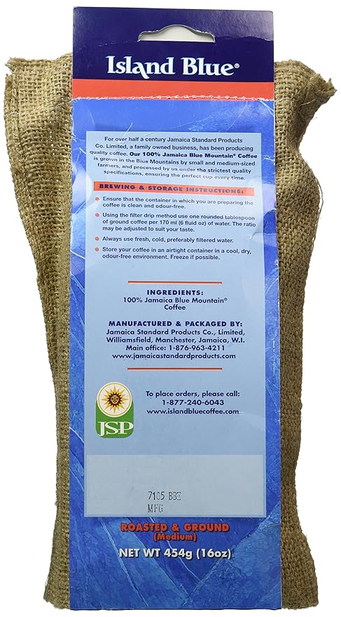 Island Blue -100% Jamaica Blue Mountain Medium Roasted Coffee - Grounds 16oz