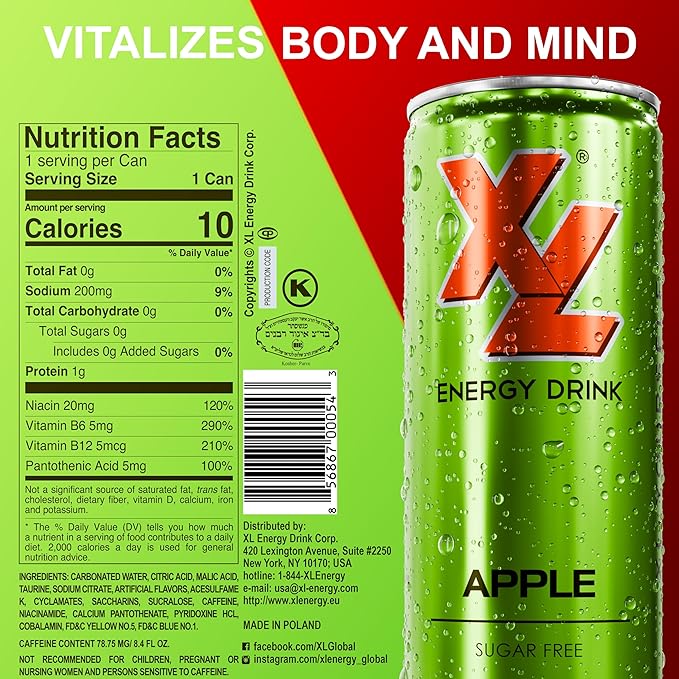 XL Energy Drinks Sugar Free 8.4 Oz 24 Pack - Low Calories Apple Flavor Sugar Free Energy Drinks 80mg Caffeine plus Taurine &amp B Vitamins - Improve Performance with Zero Sugar Drinks Carbonated Bev