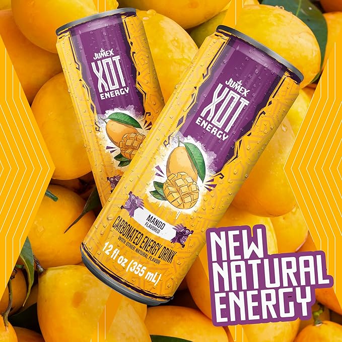 Jumex XOT Energy Drink - Mango - Natural Caffeine from Mexican Coffee Beans - Carbonated Preworkout with Vitamin B2 B3 B5 B12 - Mexican Drinks - Bebidas Energéticas - 12 Fl oz 12 Pack Cans