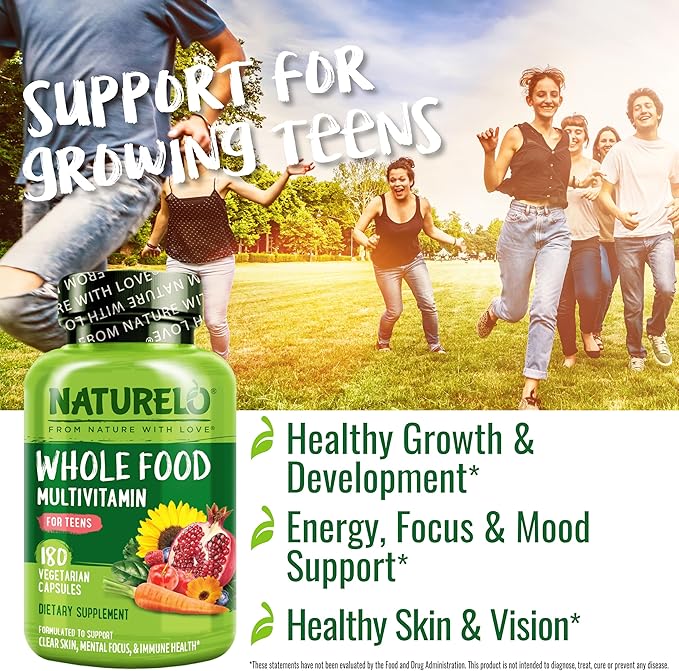 NATURELO Multivitamins for Teenage Girls/Boys 180 Capsules Whole Food Multivitamin with Minerals Non-GMO Vegetarian