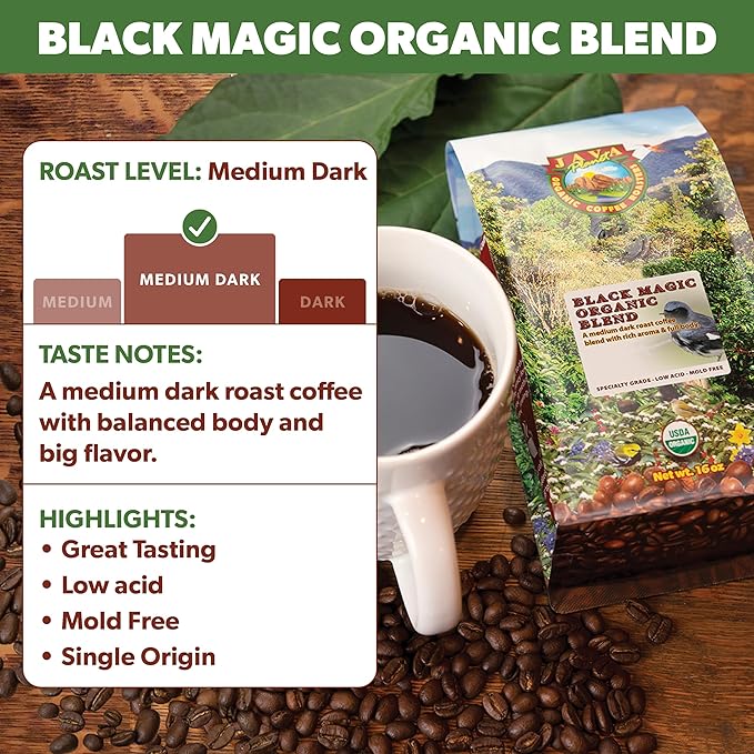 Low Acid Organic Coffee – Whole Bean Mold-Free &amp Stomach Friendly by Java Planet Black Magic Blend Coffee Medium Dark Roast Smooth Full Flavored 1LB Bag