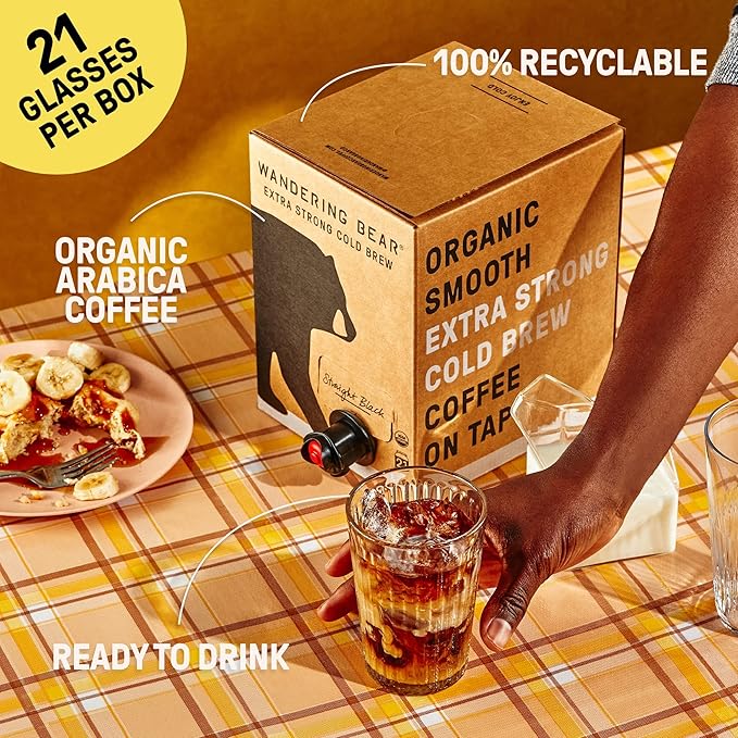 Wandering Bear Extra Strong Organic Cold Brew Coffee On Tap Straight Black 128 fl oz (1 gallon) - 2 Pack - Smooth Unsweetened Shelf-Stable and Ready to Drink &amp Vegan Cold Brew