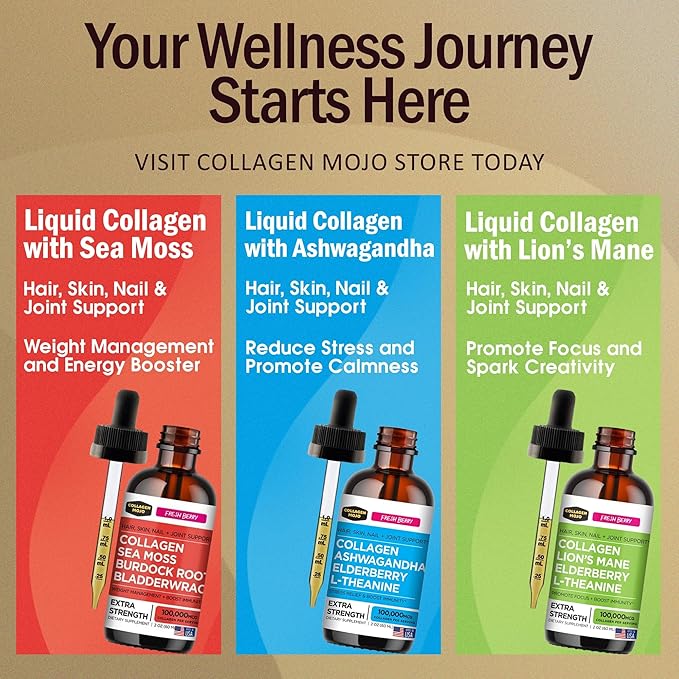 Collagen Mojo Liquid Collagen Peptides with Sea Moss Burdock Root &amp Bladderwrack + Liquid Collagen Peptides with Lions Mane Mushroom Elderberry &amp L-Theanine