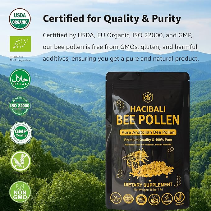 Organic Bee Pollen Granules – 1 lb (454g) – Raw &amp Natural – EU &amp USDA Organic Certified – Halal Kosher GMP ISO 22000 – Premium Anatolian Bee Pollen Superfood