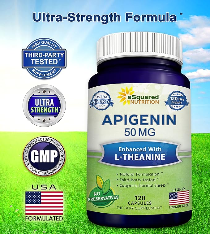 aSquared Nutrition Apigenin 50mg &amp L-Theanine 200mg - 120 Capsules - Apigenin Supplement Pills for Sleep and Relaxation - Natural Bioflavonoid Extract Found in Chamomile Tea
