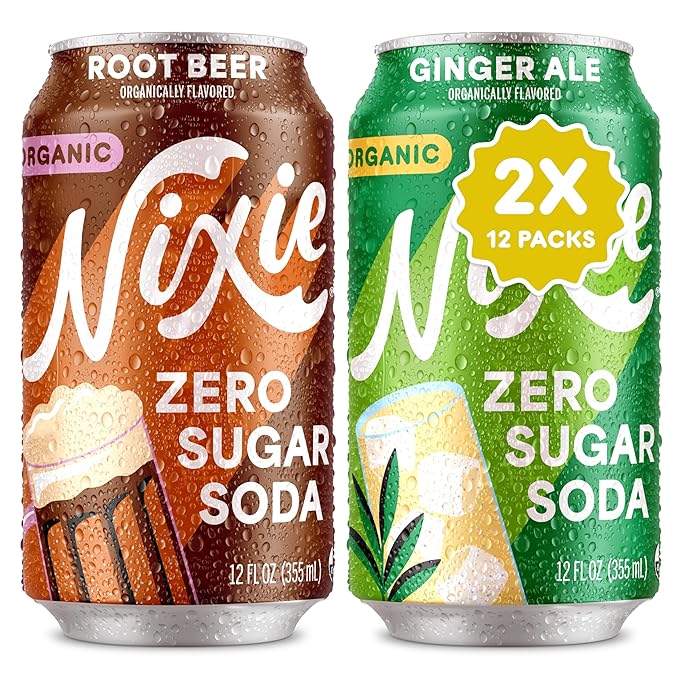 Nixie Organic Zero Sugar Soda Root Beer &amp Ginger Ale 0 Sugar 0 Calories Healthy Soda Pop Non-GMO 12oz Cans (24 Pack)
