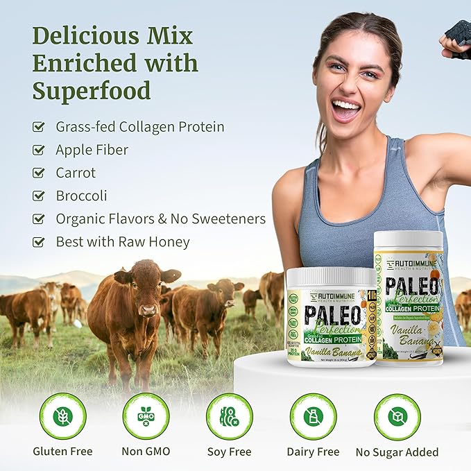 Paleo Perfection Vanilla Banana Grass Fed Beef Collagen Protein Powder Without Stevia - Paleo Keto SCD AIP Protein Powder with Apple Fiber Carrot &amp Broccoli - 1lb Protein Powder &amp Superfoo