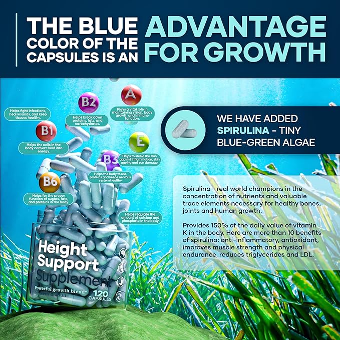 Height &amp Bone Support Supplement - Premium Height Growth Supplement for Kids &amp Teens with Calcium - Nutritional Support Bone Health Formula - Height Increase Essential Vitamins - 120 Caps