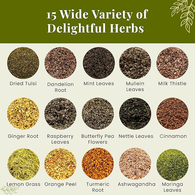 Assorted Loose Leaf Tea | 15 Delightful Herbs | Upto 900 Servings | 100% Raw &amp Natural | Add Health to your Soups Smoothies Teas and more | By Yogi's Gift®