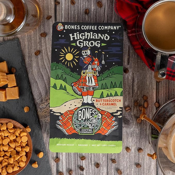 Bones Coffee Company Highland Grog Ground Coffee Beans 12 oz and Bones Cups Highland Grog 12 ct Bundle
