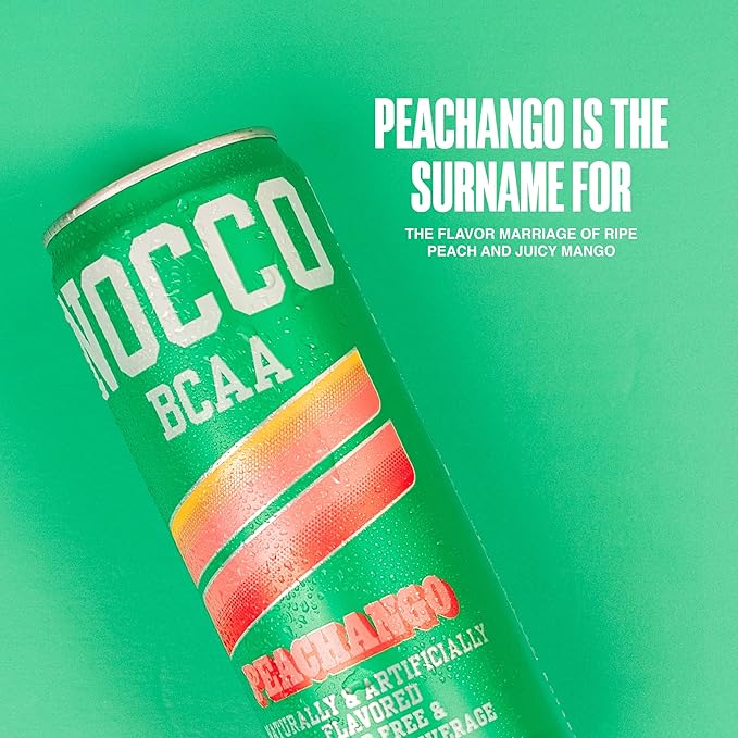 NOCCO BCAA Drink Peachango - 12 Fl Oz (Pack of 12) - 0mg of Caffeine 5000mg of BCAAs – Sugar &amp Caffeine Free Low Calorie Carbonated Drink with Vitamin B6 B12 Biotin - Grab &amp Go Performance