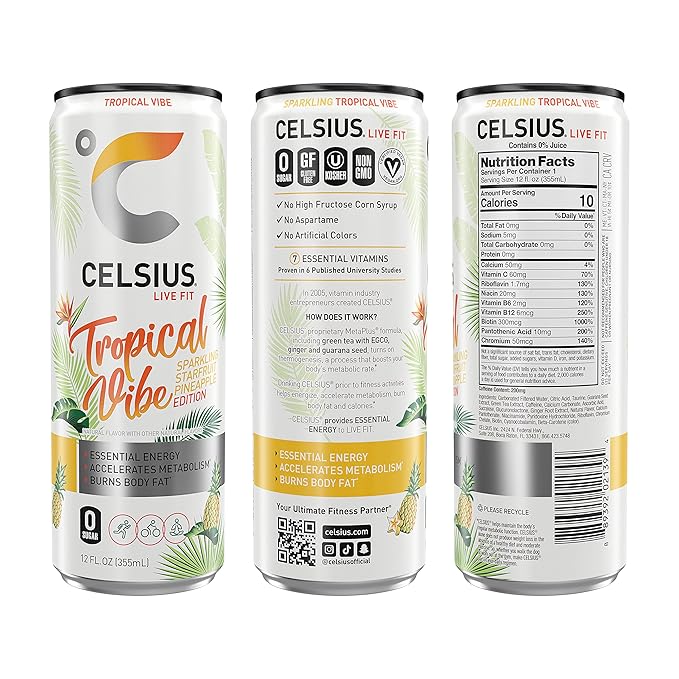 CELSIUS Sparkling Tropical Vibe Functional Essential Energy Drink 12 Fl Oz (Pack of 24)