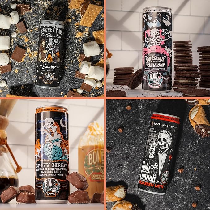 Bones Coffee Company Variety Pack Flavored Coffee S'morey Time Salty Siren Holy Cannoli and Cookies N' Dreams Ready To Drink Latte Coffee in Can | Variety Flavors in Cans | 11 Fl Oz Can (12 Pack)