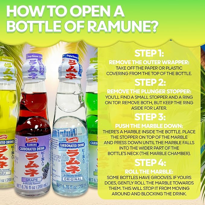 Ramune Japanese Soda Soft Drinks - Sparkling Beverage for Parties Original Yuzu Grape Orange Melon Lychee Flavored Soda Drinks Refreshing Japanese Marble Soda (12 Pack 2 of each flavor)