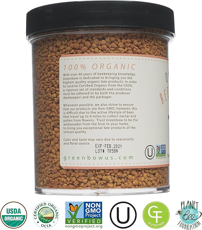 Greenbow Organic Bee Pollen - 100% USDA Certified Organic Non-GMO Halal Kosher Certified Pure &amp Natural Bee Pollen - Superfood Packed with Proteins Vitamins &amp Minerals - Gluten Free - 311