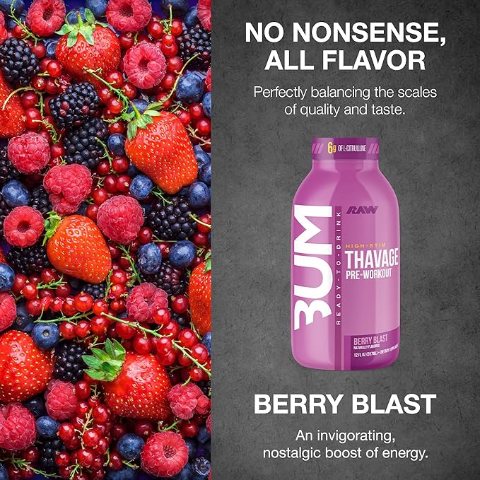 RAW Ready to Drink Pre-Workout Drink - BUM Thavage RTD Preworkout Shakes - Energy Supplement Drinks with Beta Alanine L-Citrulline &amp Caffeine - Zero Sugar (12 Pack Berry Blast)