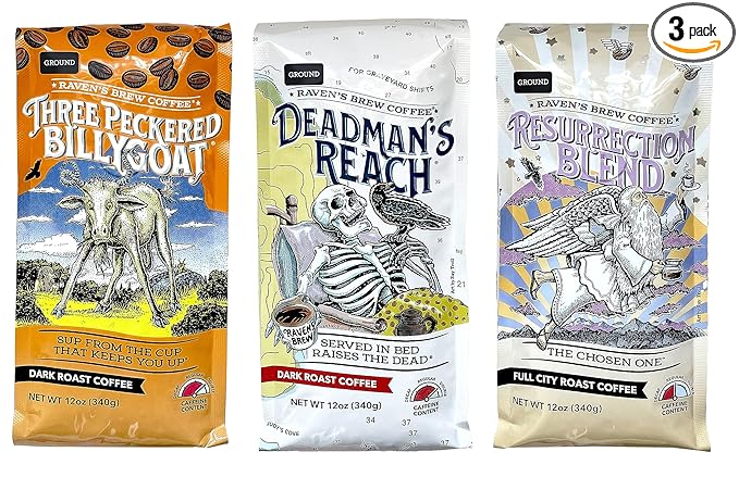 Raven's Brew Ground Coffee Variety Pack - 3 Delicious Flavors - Three Peckered Billy Goat Deadman's Reach and Resurrection Blend - 12 oz each