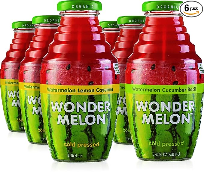 Wonder Melon Organic Watermelon Juice Cold Pressed (Variety 6 Pack) 3 With Basil Cucumber &amp 3 With Lemon Cayenne