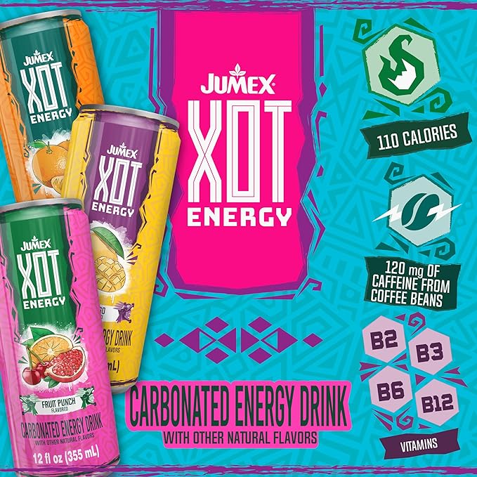 Jumex XOT Energy Drink - Mango - Natural Caffeine from Mexican Coffee Beans - Carbonated Preworkout with Vitamin B2 B3 B5 B12 - Mexican Drinks - Bebidas Energéticas - 12 Fl oz 12 Pack Cans