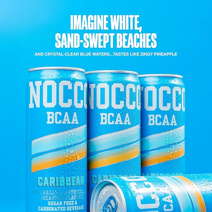 NOCCO Zero Sugar Energy Drink Caribbean - 12 Fl Oz (Pack of 12) - 180mg Caffeine Sugar Free with BCAAs - Branched Chain Amino Acids Carbonated &amp Low Cal B Vitamins Grab &amp Go Performance B