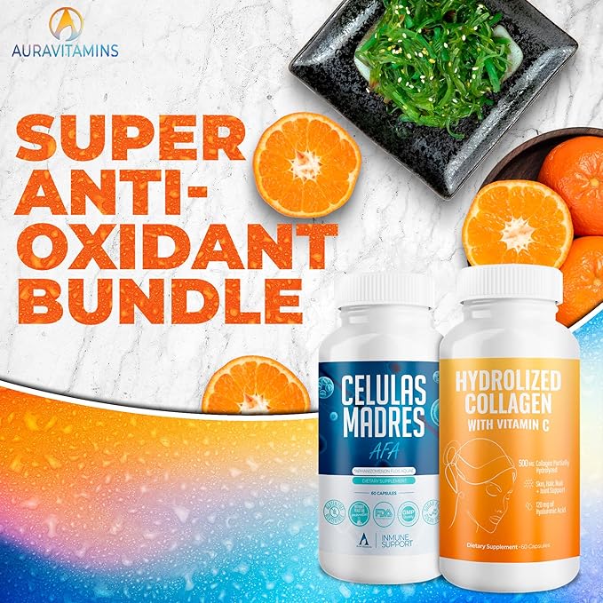 Aura Vitamin Mega Antioxidant Bundle | Hydrolyzed Collagen &amp AFA Stem Cell | Hydrolyzed Collagen with Vitamin C Aphanizomenon Flos-Aquae | Celula Madre Skin Hair and Nail Support – 60 Each Caps