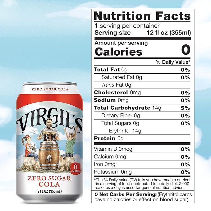Virgilâ€™s Zero Sugar Cola Great Tasting Zero Calorie Keto Friendly Soda (6-12oz cans)