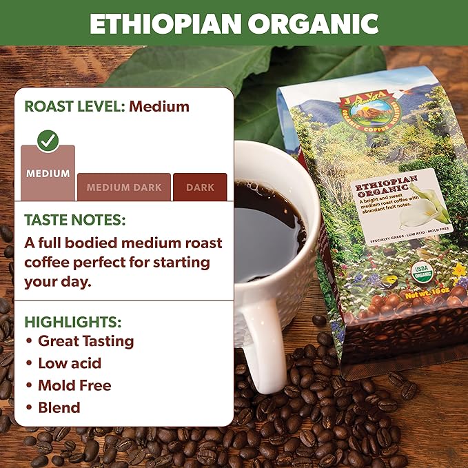Low Acid Organic Coffee – Whole Bean Mold-Free &amp Stomach Friendly by Java Planet Ethiopian Single Origin Coffee Medium Roast Smooth Full Flavored 5LB Bag